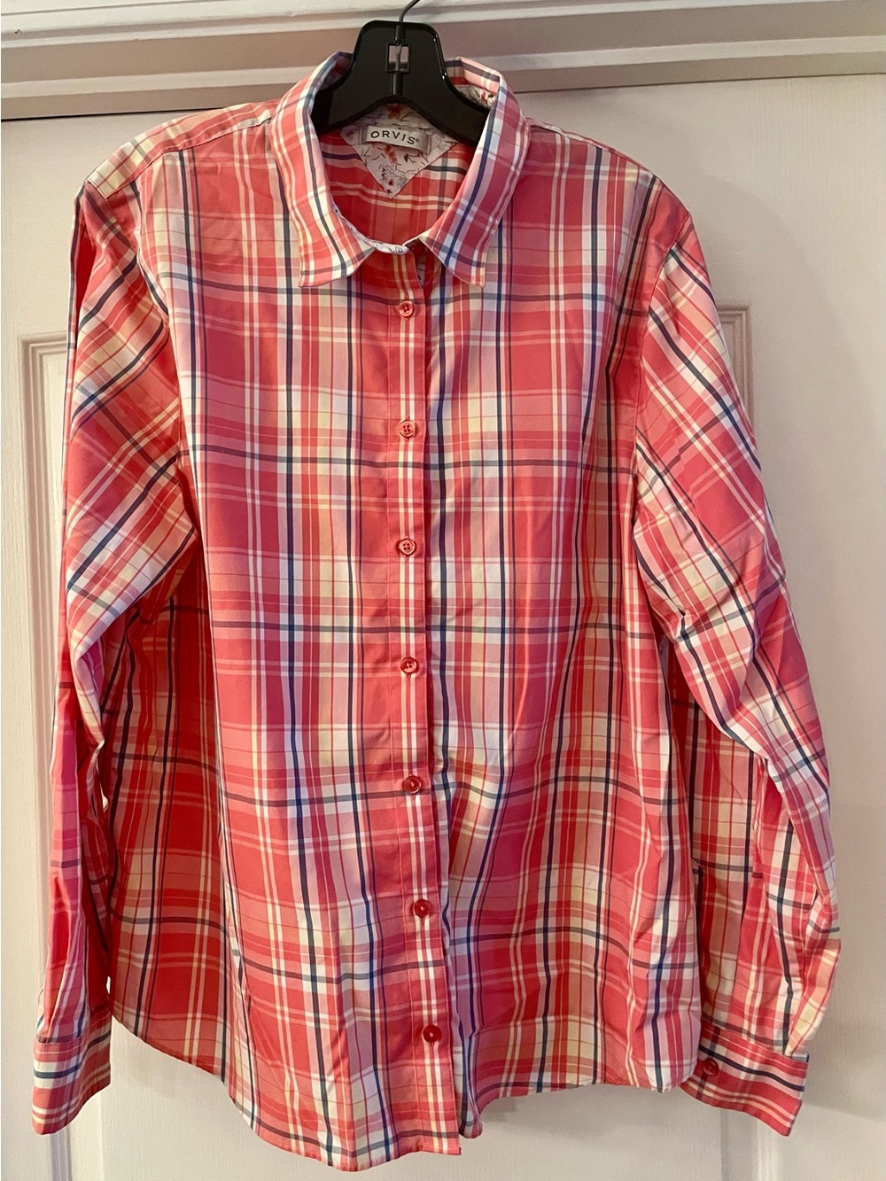 Ladies Orvis Coral and White Plaid Button-Down Shirt size 20